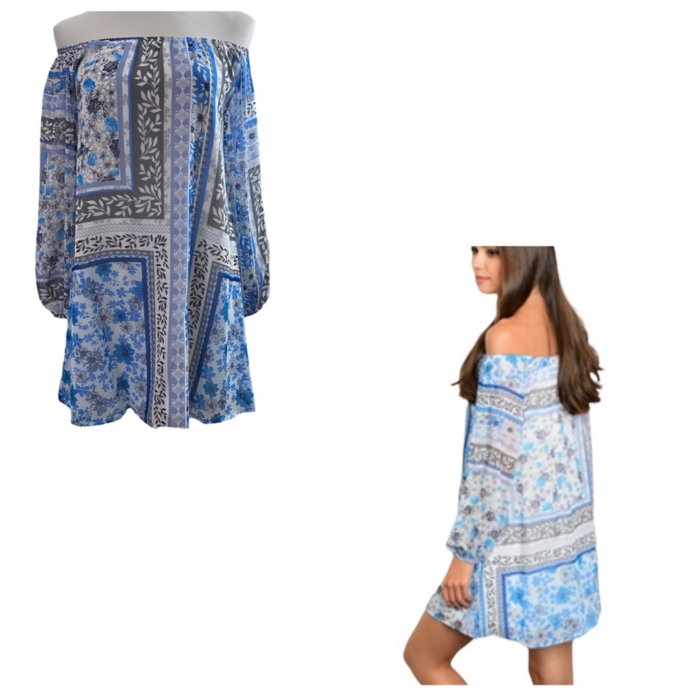 Ivory White Blue Gray Multicolored Floral Print Off Shoulder Dress